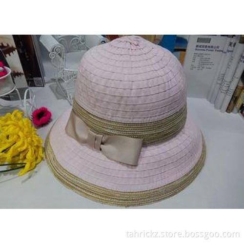 Pink / Beign 9cm Brim Spring Cloth Womens Sun Hats With Bow